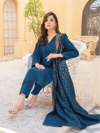 Jugnoo By Riaz Arts D-04-3, Chathams Blue color, Supreme Zari Quality 3pcs unstitched wool fabrics