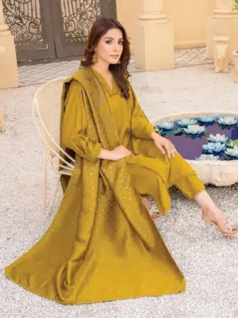 Jugnoo By Riaz Arts D-06-3, Satin Sheen Gold, Wool Suit with Jacquard Shawl