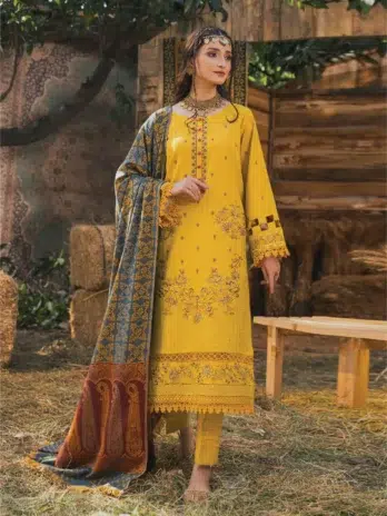 Mahrosh by Celts Vol 3 MCD-02-01 – 3-Piece Unstitched Embroidered Yellow Dhanak Suit with Kashmiri Jacquard Shawl