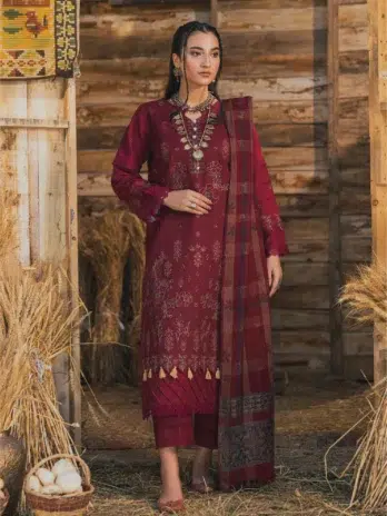 Mahrosh by Celts Vol 3 MCD-03-1 – Front View of Red Embroidered Dhanak Suit with Kashmiri Jacquard Shawl