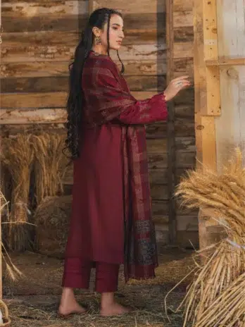 Mahrosh by Celts Vol 3 MCD-03-2 – Back View of Red Dhanak Suit with Plain Dyed Fabric