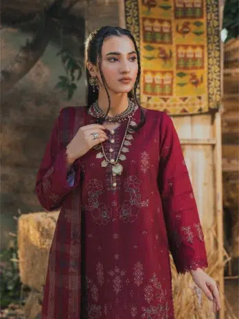 Mahrosh by Celts Vol 3 MCD-03-3 – Close-Up of Embroidery on Red Dhanak Fabric