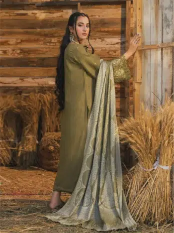 Mahrosh by Celts Vol 3 MCD-04-2 – Back View of Dirt Brown Dhanak Suit with Plain Dyed Fabric