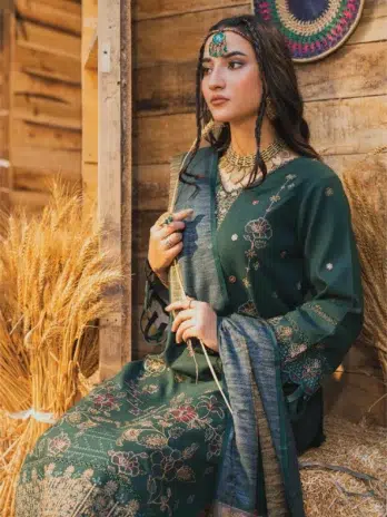 Mahrosh by Celts Vol 3 MCD-05-3 – Close-Up of Lady Wearing Green Embroidered Dhanak Suit