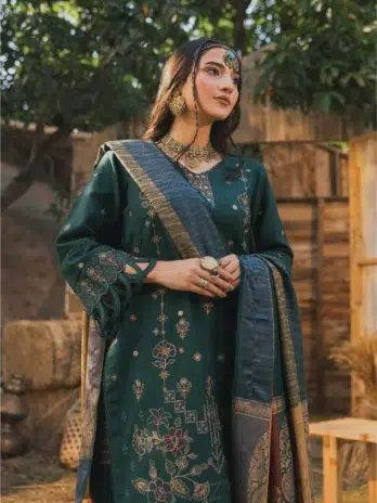 Mahrosh by Celts Vol 3 MCD-05-4 – Full Look of Lady Wearing Green Dhanak Suit with Shawl and Trouser