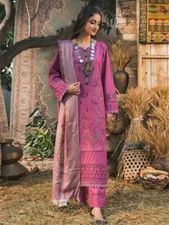 Mahrosh by Celts Vol 3 MCD-07-1 – Lady Wearing Bashful Pink Embroidered Dhanak Suit with Kashmiri Jacquard Shawl