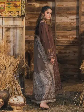 Mahrosh by Celts Vol 3 MCD-08-2 – Back View of Lady Wearing Dark Brown Dhanak Suit