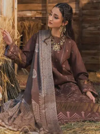 Mahrosh by Celts Vol 3 MCD-08-3 – Close-Up of Lady Wearing Dark Brown Embroidered Dhanak Suit