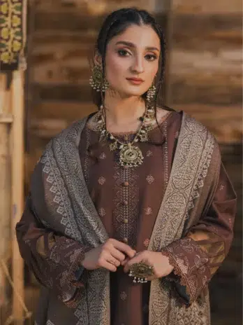 Mahrosh by Celts Vol 3 MCD-08-4 – Full Look of Lady Wearing Dark Brown Dhanak Suit with Shawl and Trouser