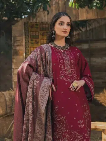 Mahrosh by Celts Vol 3 MCD-09-3 – Close-Up of Lady Wearing Red Embroidered Dhanak Suit
