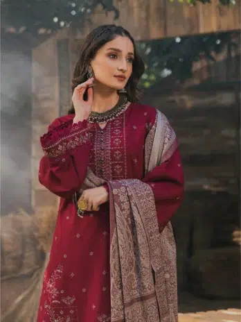 Mahrosh by Celts Vol 3 MCD-09-4 – Full Look of Lady Wearing Red Dhanak Suit with Shawl and Trouser