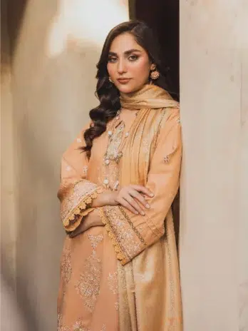 "Mahrosh by Panache Vol 4 MP-02-3 in Brown Sugar color – Elegant Dhanak Fabric with Jacquard Wool Shawl"