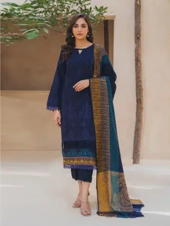 Mahrosh by Panache Vol 4 MP-06 -1, blue color, embroidered dhanak shirt, jacquard wool shawl, plain trouser