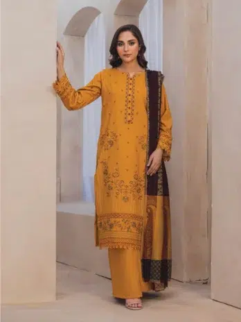 Mahrosh by Panache Vol 4 MP-07 -1, Yellow color, embroidered dhanak shirt with jacquard wool shawl and plain trouser.