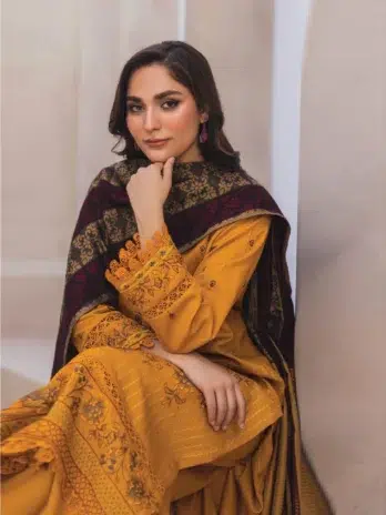 Mahrosh by Panache Vol 4 MP-07 -3, Yellow color, jacquard wool shawl draped elegantly.