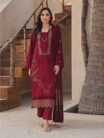 Mahrosh by Panache Vol 4 MP-09 -1: Red color premium embroidered winter dhanak fabric with jacquard wool shawl, showcasing intricate front design.