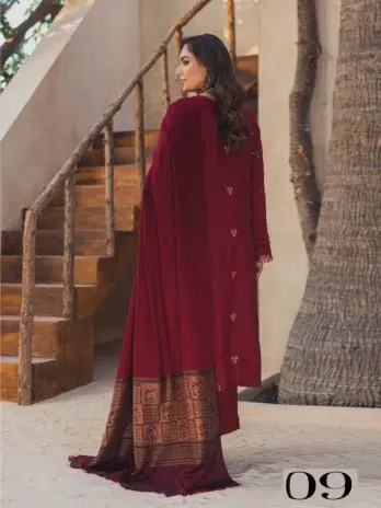 Mahrosh by Panache red embroidered winter dhanak shirt with detailed sleeves and plain trouser, close-up view.