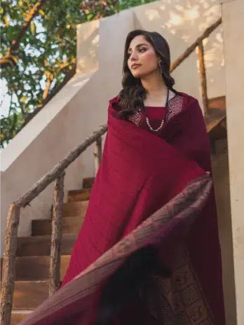 Mahrosh by Panache Vol 4 MP-09 -3: Back view of Mahrosh by Panache Vol 4 MP-09 in red, with luxurious embroidery and shawl.