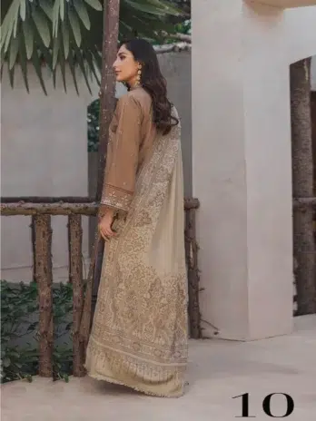 Mahrosh by Panache Vol 4 MP-10 -2: Close-up of the embroidered sleeves and back of Mahrosh by Panache Vol 4 MP-10 in brownish, paired with a jacquard wool shawl.