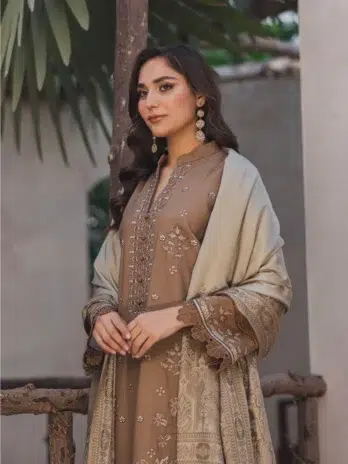 Mahrosh by Panache Vol 4 MP-10 -4: Mahrosh by Panache Vol 4 MP-10 in brownish color, a premium winter outfit with embroidered details and warm jacquard wool shawl.