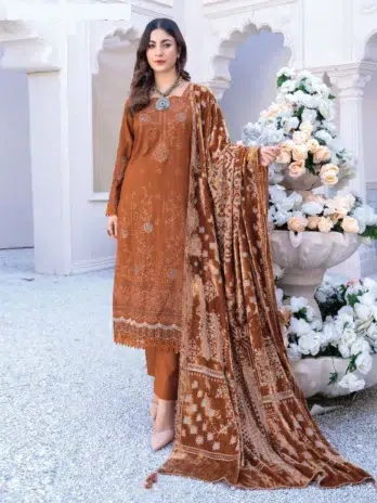 Shumail By Riaz Arts D-06-1, Brown Rust color, embroidered viscose shirt, velvet palachi shawl, plain trouser.