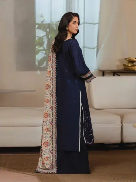 Stella by Mahnur SK-03A -2 in Dark color, showcasing embroidered khaddar with intricate back and sleeves design, complemented by a stylish shawl.