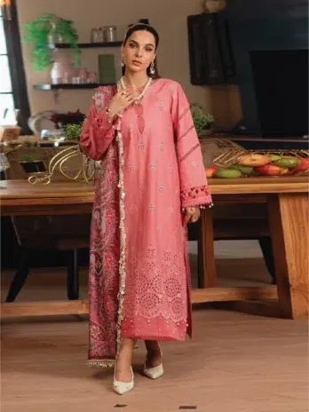 Stella by Mahnur SK-04A-1, Light Coral color, embroidered khaddar shirt with digital print silk wool shawl and dyed trouser.