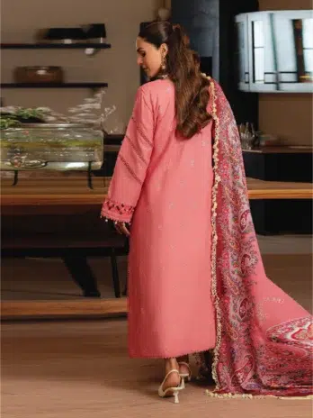 Stella by Mahnur SK-04A-2, Light Coral color, detailed embroidery on khaddar fabric with silk wool shawl and dyed trouser.