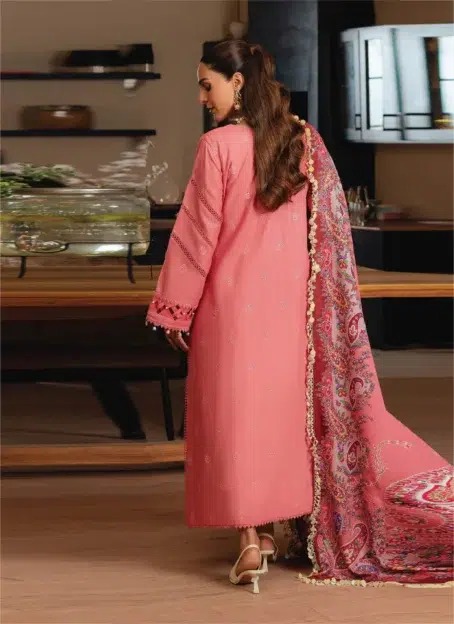 Stella by Mahnur SK-04A-2, Light Coral color, detailed embroidery on khaddar fabric with silk wool shawl and dyed trouser.