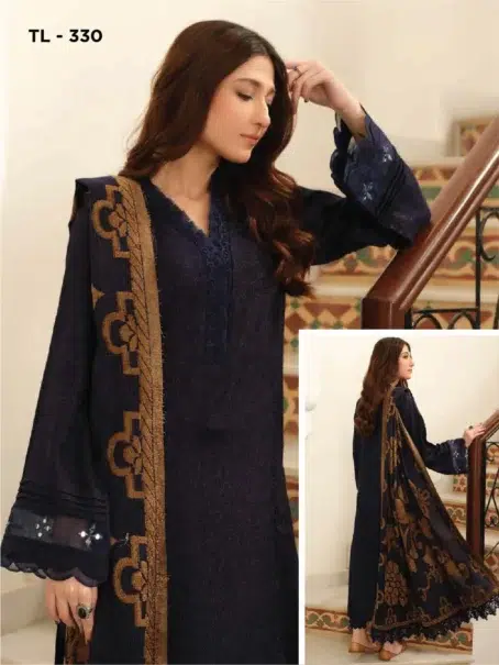 Tehzeeb by Riaz Arts TL-330-3, Dark Blue, Premium Unstitched Fabric for Winter