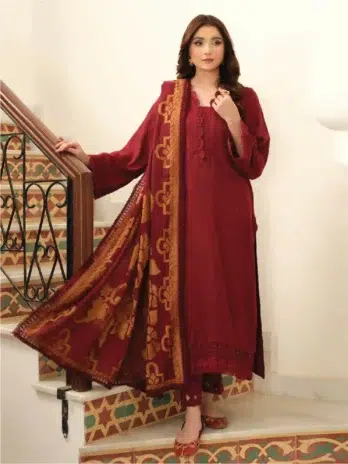 Tehzeeb by Riaz Arts TL-331-1, red color, Self Jacquard Leather Peach Shirt with Velvet Jacquard Shawl and Plain Trouser