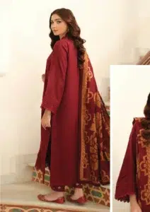 Tehzeeb by Riaz Arts TL-331-2, red color, Self Jacquard Leather Peach Shirt with Velvet Jacquard Shawl and Plain Trouser