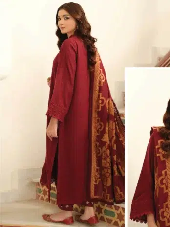 Tehzeeb by Riaz Arts TL-331-2, red color, Self Jacquard Leather Peach Shirt with Velvet Jacquard Shawl and Plain Trouser