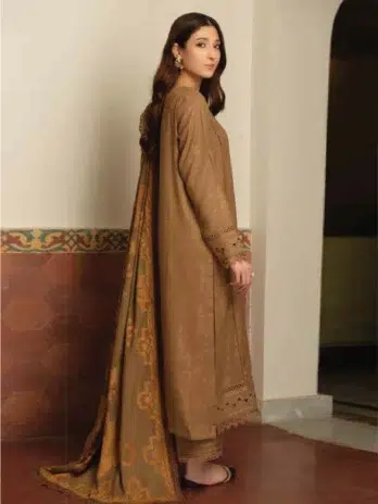Tehzeeb by Riaz Arts TL-332-2, brown color, Self Jacquard Leather Peach shirt and plain trouser with luxurious Velvet Jacquard shawl.