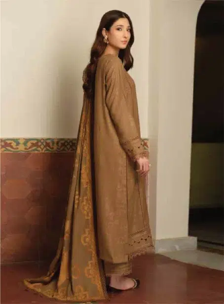 Tehzeeb by Riaz Arts TL-332-2, brown color, Self Jacquard Leather Peach shirt and plain trouser with luxurious Velvet Jacquard shawl.