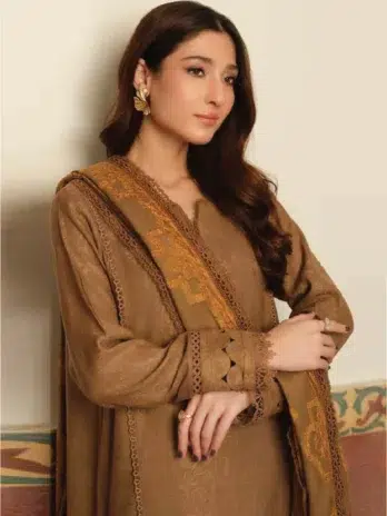 Tehzeeb by Riaz Arts TL-332-3, brown color, 3pcs unstitched Jacquard Leather Peach fabrics suit showcasing intricate design.