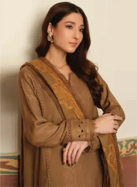 Tehzeeb by Riaz Arts TL-332-3, brown color, 3pcs unstitched Jacquard Leather Peach fabrics suit showcasing intricate design.