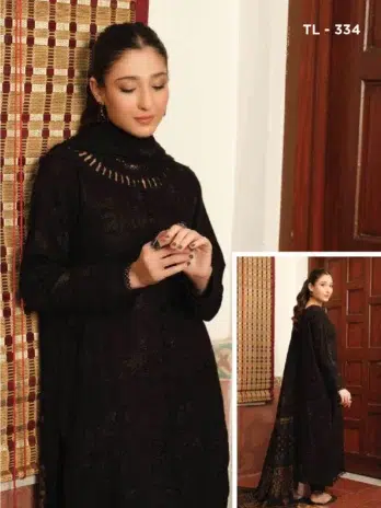 Tehzeeb by Riaz Arts TL-334-2, black color, Self Jacquard Leather Peach Shirt with Velvet Jacquard Shawl and Plain Trouser.