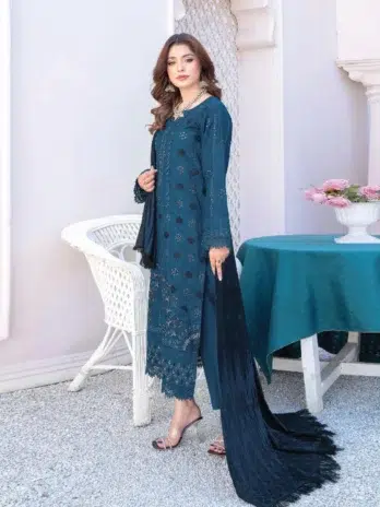 Zoha By Riaz Arts D-05-2, blue color, close-up of embroidered peach leather shirt with intricate detailing.