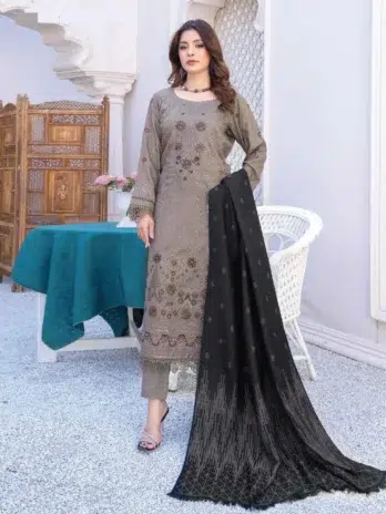 Zoha By Riaz Arts D-06-1, Cinereous color embroidered peach leather fabric outfit