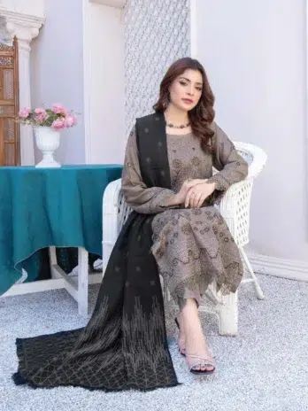 Zoha By Riaz Arts D-06-4, Cinereous color winter embroidered fabric ensemble