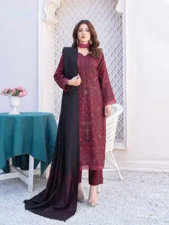 Zoha By Riaz Arts D-07-1, Velvet Maroon, 3pcs unstitched embroidered peach leather fabrics.