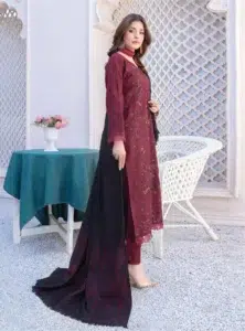 Zoha By Riaz Arts D-07-2, Velvet Maroon, 3pcs unstitched embroidered peach leather fabrics.