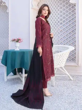 Zoha By Riaz Arts D-07-2, Velvet Maroon, 3pcs unstitched embroidered peach leather fabrics.