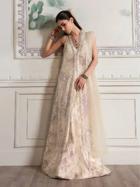 A Swarovski Affair by Crimson D-04 -2 in ivory color highlighting the elegant tulle sharara with a printed lining.