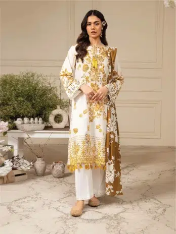 Amore by Gulljee D-01 -1, Cream color, 3-piece unstitched digital printed and embroidered lawn outfit with luxury details
