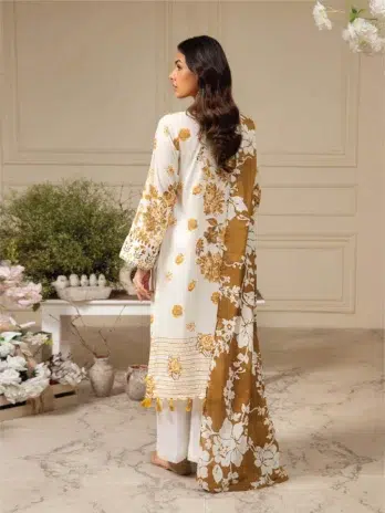 Amore by Gulljee D-01 -2, Cream color, featuring embroidered daman and neckline with digital printed pure voile lawn dupatta
