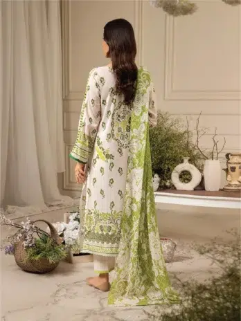 Amore by Gulljee D-04 -2 in Soft Amber color, 3-piece unstitched embroidered lawn with digital printed lawn back and sleeves, voile dupatta, and trousers.
