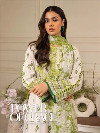 Amore by Gulljee D-04 -3 in Soft Amber color, embroidered and digitally printed lawn fabric with pure voile lawn dupatta and cambric cotton trousers.