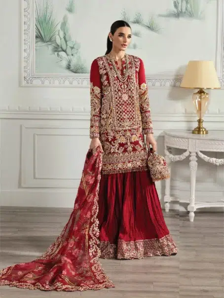 Artisan Story by Crimson D-07 -1 in Ruby color, featuring a luxurious embroidered organza shirt with ada-worked sleeves and a hand-encrusted dupatta.